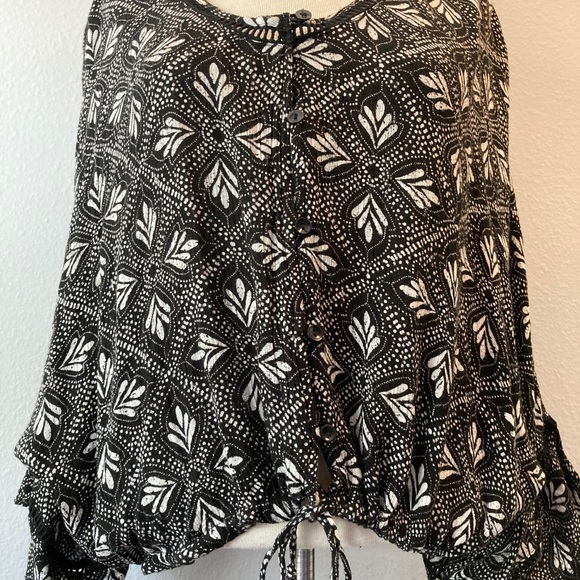 Rip Curl Black Print Boho Drawstring Waist Blouse Size Large - Picture 3 of 11
